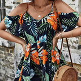 Ladies' Tropical Floral Print Jumpsuit | Off-Shoulder Camisole with Lotus Leaf Sleeves & Hanging Pleats