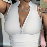 Women's V-Neck Ribbed Knit Camisole Vest with Short Zipper Design – Stylish & Versatile