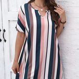 Ladies' Contrasting Striped Print V-Neck Short Dress – Casual Loose Fit for Effortless Style