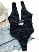 Ribbed Lace Up One-Piece Swimsuit-6