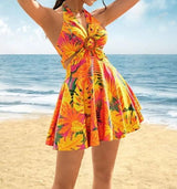 Ladies' Summer Tropical Print Short Dress | V-Neck Hollow Out Pleated Beach Vacation Dress