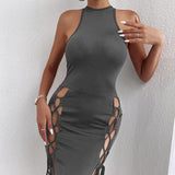Women's Solid Color Sleeveless Dress | Sexy Cross-Tie Hip-Hugging Skirt with Slit