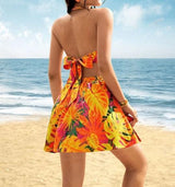Ladies' Summer Tropical Print Short Dress | V-Neck Hollow Out Pleated Beach Vacation Dress