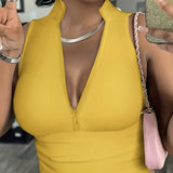 Women's Solid Color Ribbed Knit Off-Shoulder Vest Top with Zipper Detail