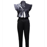 Ladies' V-Neck Button-Up Petal Sleeve Off-Shoulder Shirt – Elegant and Versatile Printed Set