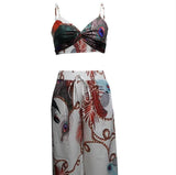 Women's Feather Printed Black Strap Pants Set | Sexy Vacation Outfit