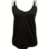 Ladies' V-Neck Sequined Shoulder Strap Tank Top – Solid Color, Fashionable & Elegant