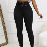 Ladies’ Solid Color High Waist Slim Fit Pants with Slit Detail | Casual Style with Belt Design