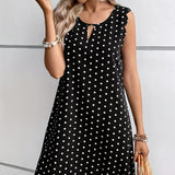 Ladies' Fashionable Casual Pullover Polka Dot Dress With Hollowed Out Collar And Round Neck Wavy Edge Skirt