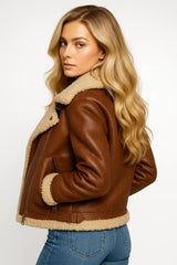 Women's brown shearling aviator jacket – cropped leather coat with faux fur collar and cuffs