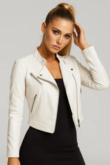 Women's white faux leather biker jacket with zipper – chic minimalist style