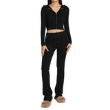 2pcs Knitted Hooded Suits Women's Long-sleeved Cardigan And High Waisted Trousers Clothing-Black-12