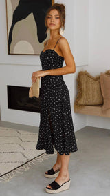 Elegant Polka Dot Slit Dress with Suspender Design-4