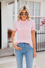 New Fashion Lacework Round Neck Top Summer Puff Sleeves Hollow Design Loose Pleated T-shirt For Womens Clothing-Pink-7