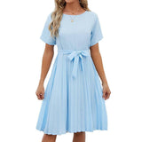 Fashion New Round Neck Dress Women-Sky Blue-4