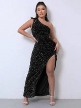 Foreign Trade Sleeveless One Shoulder Slash Neck Sequins-Black-11