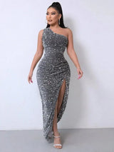 Foreign Trade Sleeveless One Shoulder Slash Neck Sequins-Grey-14