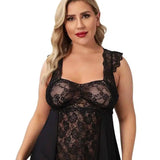 Large Size Lingerie Lace Back See-through Pajamas-Black-2