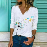 Women's Floral V-Neck Long Sleeve Tee-White-3