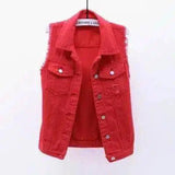 Women's Sleeveless Distressed Denim Vest-Red-4