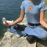 Women's Cropped Tee with Sun Emblem-Blue-2