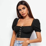 Womens Puff Sleeve Crop Top with Button Detail-Black-3