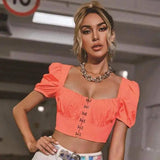 Womens Puff Sleeve Crop Top with Button Detail-Phosphor-5