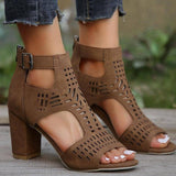 New High Square Heel Hollow Roman Shoes With Back Zipper-Dark Brown-5