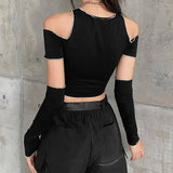 Patchwork Black T-shirts Gothic One Shoulder Sleeve Y2k Crop-3
