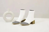 Plus Size British Short Boots Women Pointed Thick Heel-White-6
