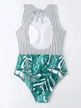 Printed One-piece Bikini Strap Ladies Swimsuit-Green-3