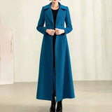 Temperament Double Breasted Solid Woolen Collar Woolen Coat-Lake blue-1