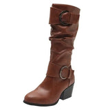 Western Cowboy Boots Women Buckle Chunky Mid Heel Shoes-7