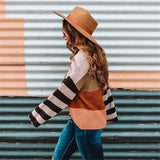 Women's color stitching sweater pullover sweater-Brown-5