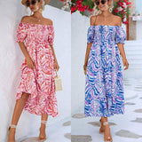 Women's Off-shoulder Smocking Printed Dress-4
