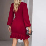 Women's Puff Long Sleeve Fashion Graceful Solid Color Slim Hip-covering Short Dress Womens Clothing-3