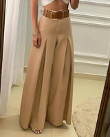 Women Summer Loose Long Pants High Waist Ruched Wide Leg Khaki / XL-Khaki-1