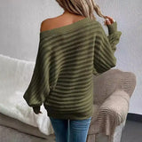 Women’s olive off-shoulder ribbed knit sweater – relaxed oversized fall top
